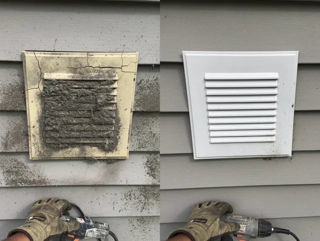 Palm Harbor Dryer Vent Cleaning technician installing high-quality dryer vent cover at a residential property in Palm Harbor