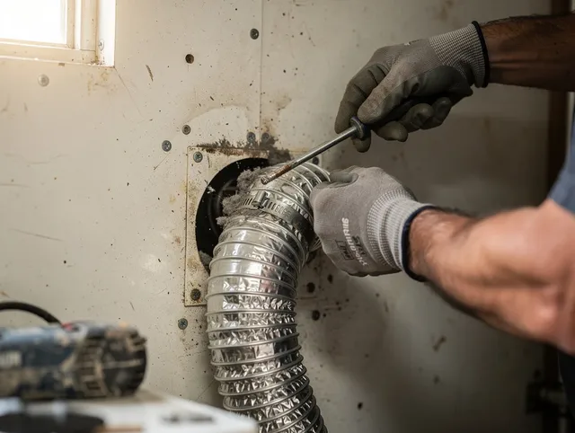 Palm Harbor Dryer Vent Cleaning technician performing precise dryer vent hose installation in Palm Harbor